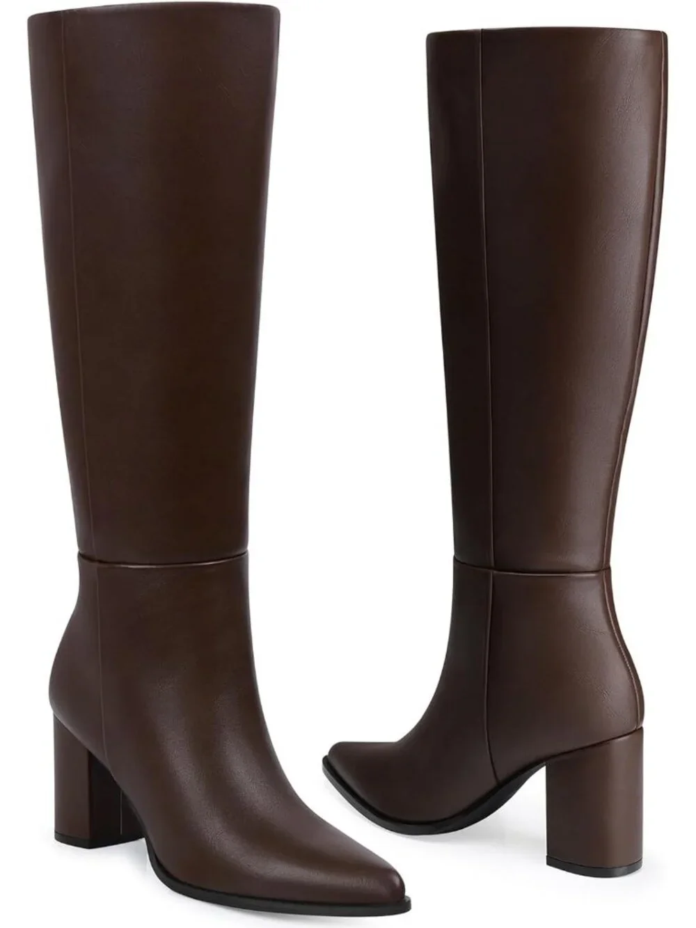 Women's Brown Pu Pointed Toe Chunky Heel Comfortable Wide Calf Knee High Boots